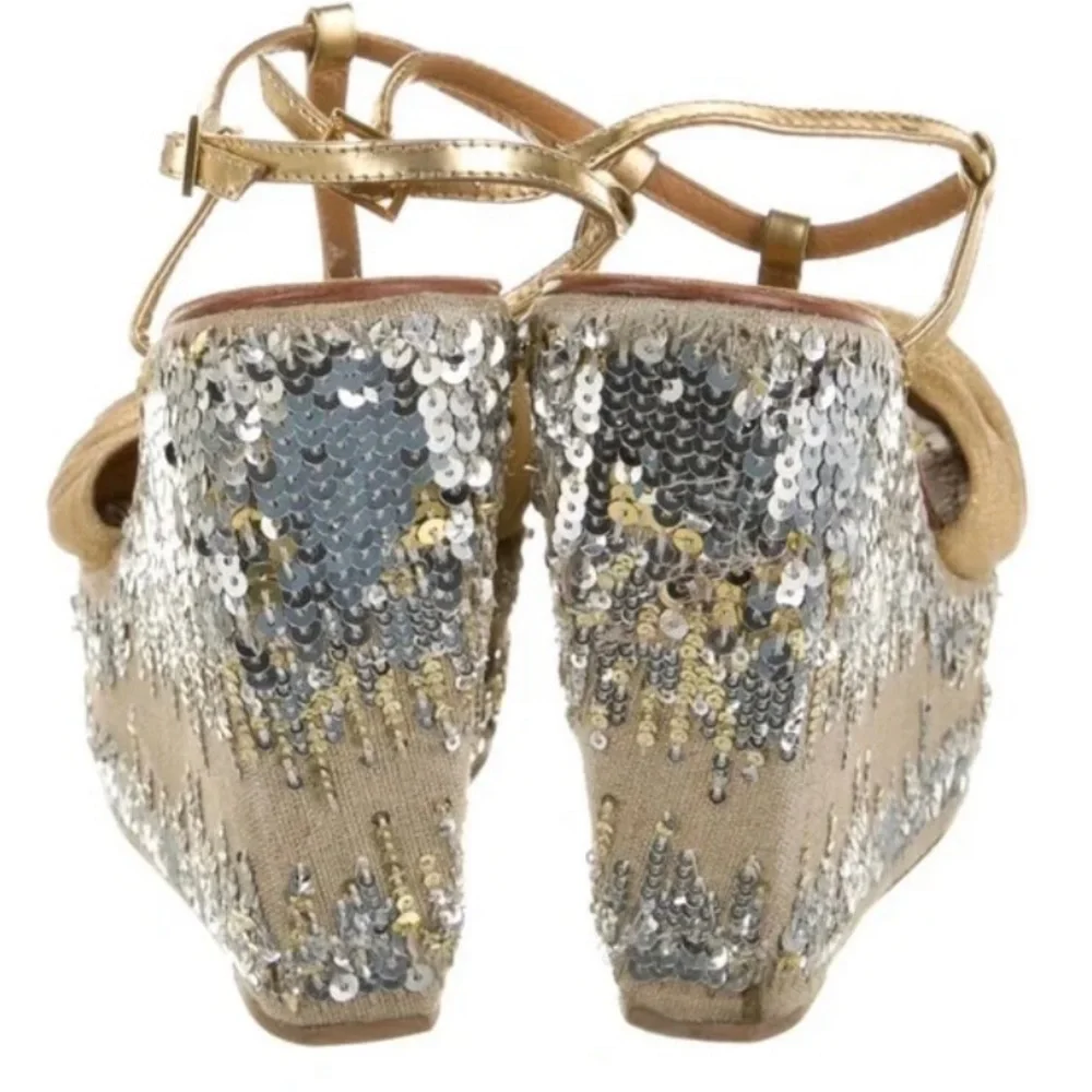 Tory Burch Gold Metallic Wedges Leather Platform Sequin Embellished Sandals - Picture 4 of 6